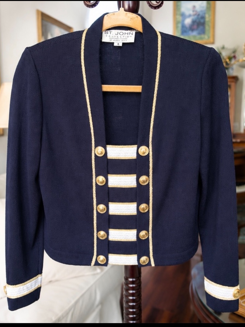 Size 4 St. John Collection Nautical Long Sleeve. Navy White Gold. Never worn
